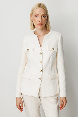 Ekol Kadın Kapak Cepli Tüvit Ceket 5043 Ekru