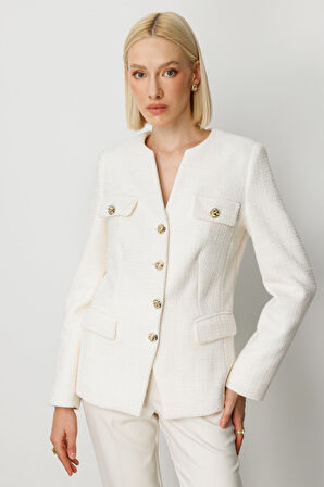 Ekol Kadın Kapak Cepli Tüvit Ceket 5043 Ekru