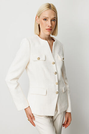 Ekol Kadın Kapak Cepli Tüvit Ceket 5043 Ekru