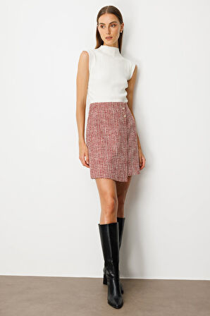 Ekol Kadın Süs Düğmeli Mini Tüvit Etek 5047 Kırmızı