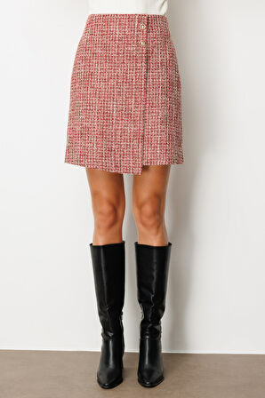 Ekol Kadın Süs Düğmeli Mini Tüvit Etek 5047 Kırmızı