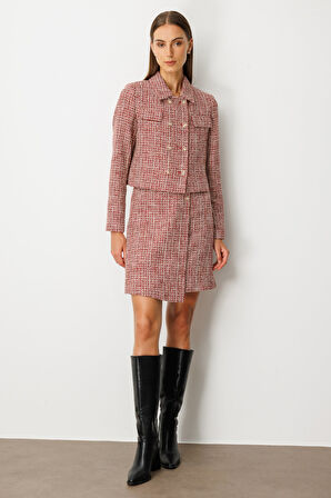 Ekol Kadın Süs Düğmeli Mini Tüvit Etek 5047 Kırmızı