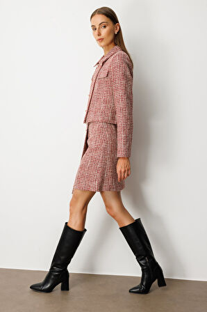 Ekol Kadın Süs Düğmeli Mini Tüvit Etek 5047 Kırmızı