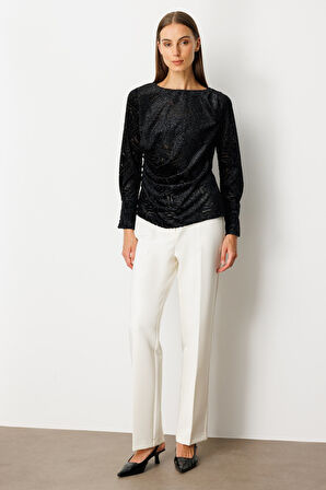 Ekol Kadın Büzgülü Kadife Bluz 3001 Siyah