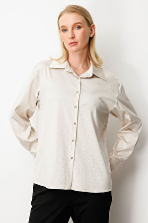 Ekol Kadın Taşlı Saten Gömlek 3003 İnci