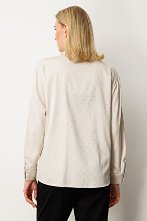 Ekol Kadın Taşlı Saten Gömlek 3003 İnci