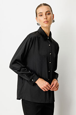 Ekol Kadın Taşlı Saten Gömlek 3003 Siyah