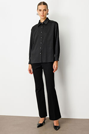 Ekol Kadın Taşlı Saten Gömlek 3003 Siyah