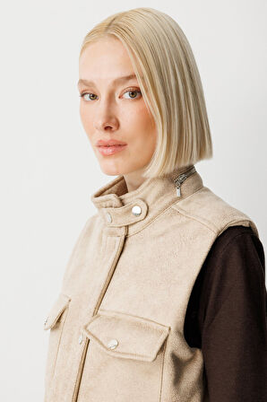 Ekol Kadın Peluş Astarlı Kapak Cepli Yelek 8503 Kum