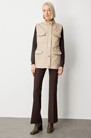 Ekol Kadın Peluş Astarlı Kapak Cepli Yelek 8503 Kum