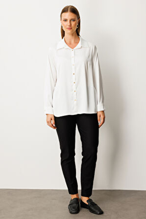 Ekol Kadın Büyük Beden Düğmeli Saten Gömlek 3505 Ekru