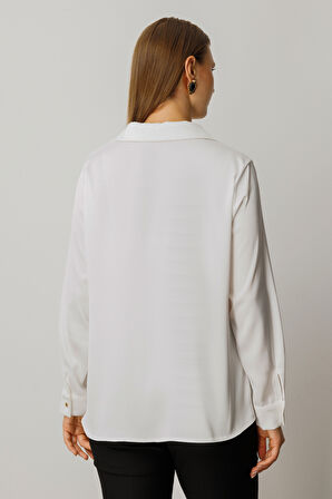 Ekol Kadın Büyük Beden Düğmeli Saten Gömlek 3505 Ekru