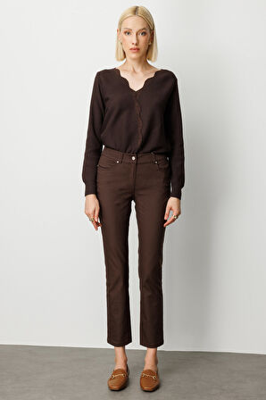 Ekol Kadın Yüksek Bel Dar Paça Pantolon 1061 Kahverengi