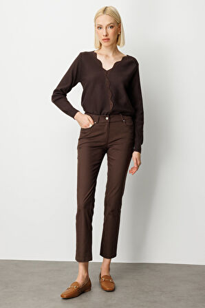 Ekol Kadın Yüksek Bel Dar Paça Pantolon 1061 Kahverengi