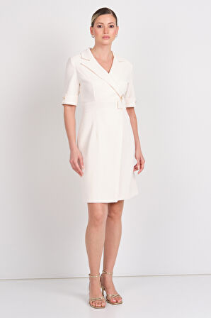 Ekol Kadın Beli Metal Aksesuarlı Mini Boy Elbise 5136 Krem