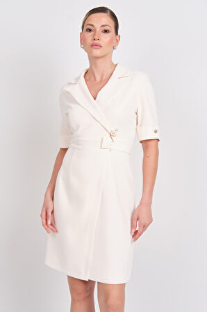 Ekol Kadın Beli Metal Aksesuarlı Mini Boy Elbise 5136 Krem