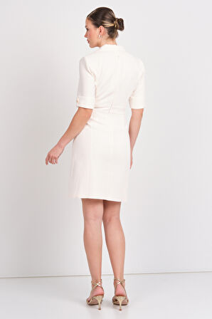 Ekol Kadın Beli Metal Aksesuarlı Mini Boy Elbise 5136 Krem