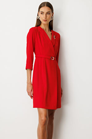Ekol Kadın Yakası Broşlu Beli Kuşaklı Midi Elbise 4013 Kırmızı