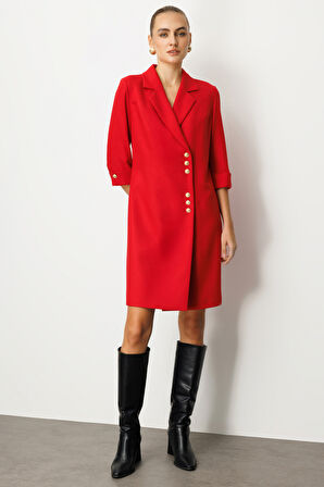 Ekol Kadın Kruvaze Yaka Düğmeli Elbise 4009 Kırmızı