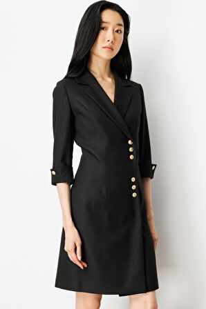 Ekol Kadın Kruvaze Yaka Düğmeli Elbise 4009 Siyah