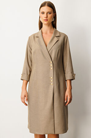 Ekol Kadın Büyük Beden Kruvaze Yaka Midi Elbise 4509 Gold