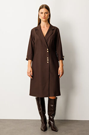 Ekol Kadın Büyük Beden Kruvaze Yaka Midi Elbise 4509 Kahverengi