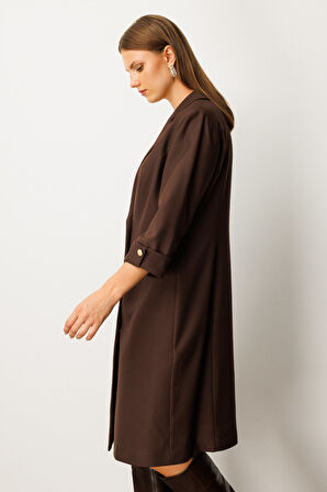 Ekol Kadın Büyük Beden Kruvaze Yaka Midi Elbise 4509 Kahverengi