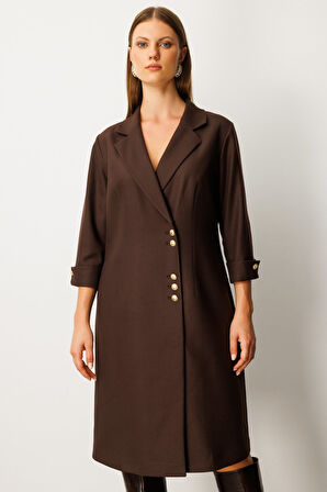 Ekol Kadın Büyük Beden Kruvaze Yaka Midi Elbise 4509 Kahverengi