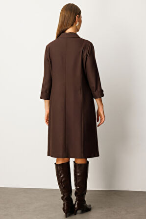 Ekol Kadın Büyük Beden Kruvaze Yaka Midi Elbise 4509 Kahverengi