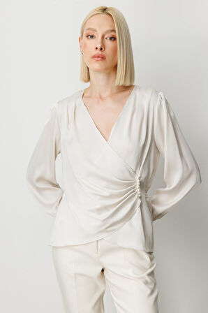 Ekol Kadın Kruvaze Yaka İnci Detaylı Bluz 3009 İnci