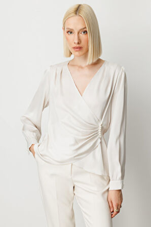 Ekol Kadın Kruvaze Yaka İnci Detaylı Bluz 3009 İnci