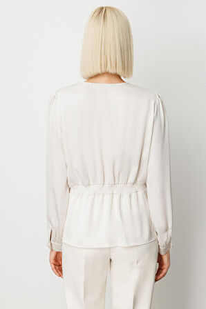 Ekol Kadın Kruvaze Yaka İnci Detaylı Bluz 3009 İnci