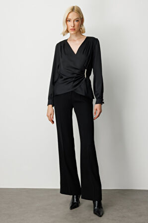 Ekol Kadın Kruvaze Yaka İnci Detaylı Bluz 3009 Siyah