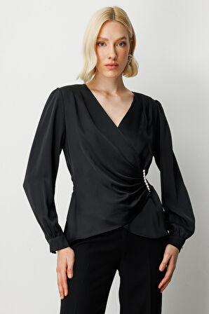 Ekol Kadın Kruvaze Yaka İnci Detaylı Bluz 3009 Siyah