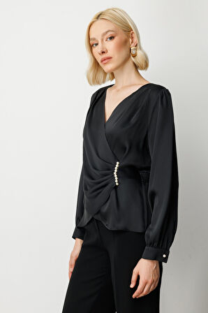 Ekol Kadın Kruvaze Yaka İnci Detaylı Bluz 3009 Siyah