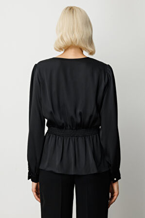 Ekol Kadın Kruvaze Yaka İnci Detaylı Bluz 3009 Siyah