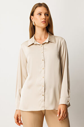 Ekol Kadın Büyük Beden Düğmeli Saten Gömlek 3505 İnci