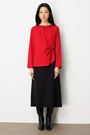 Ekol Kadın Önü Büzgülü Sıfır Yaka Bluz 3011 Kırmızı