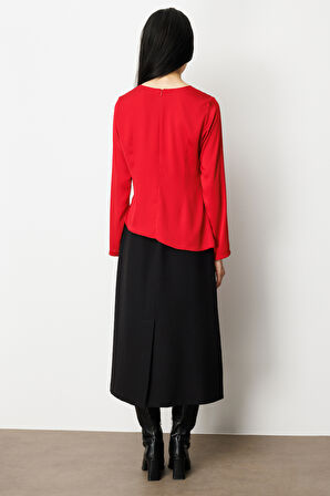 Ekol Kadın Önü Büzgülü Sıfır Yaka Bluz 3011 Kırmızı
