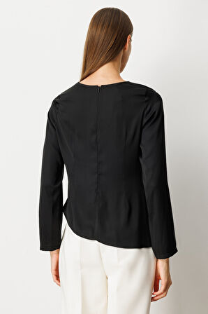Ekol Kadın Önü Büzgülü Sıfır Yaka Bluz 3011 Siyah