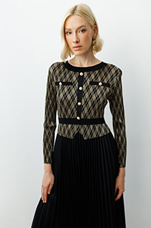 Ekol Kadın Akordiyon Kumaş Süs Düğmeli Elbise 4909 Siyah