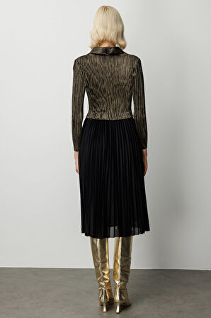 Ekol Kadın Eteği Piliseli Kalp Yaka Elbise 4913 Siyah