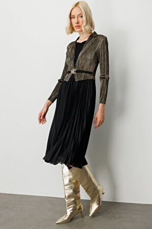 Ekol Kadın Eteği Piliseli Kalp Yaka Elbise 4913 Siyah