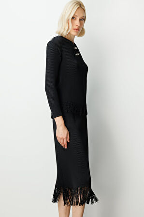 Ekol Kadın Kelebek Aksesuarlı Püsküllü Bluz 3909 Siyah