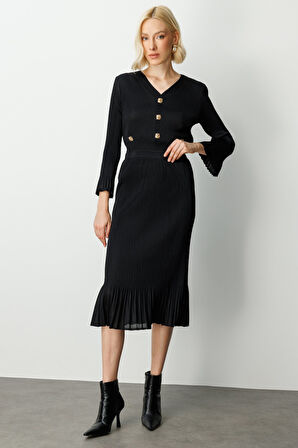 Ekol Kadın Etek Ucu Piliseli Midi Etek 3915 Siyah