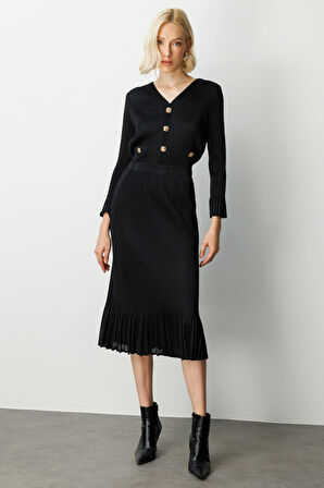 Ekol Kadın Etek Ucu Piliseli Midi Etek 3915 Siyah