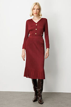 Ekol Kadın Etek Ucu Piliseli Midi Etek 3915 Bordo