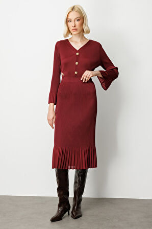 Ekol Kadın Etek Ucu Piliseli Midi Etek 3915 Bordo