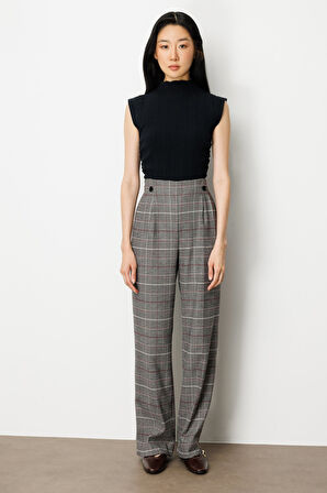 Ekol Kadın Beli Lastikli Ekoseli Pantolon 5077 Siyah