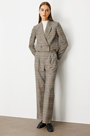 Ekol Kadın Beli Lastikli Ekoseli Pantolon 5077 Vizon